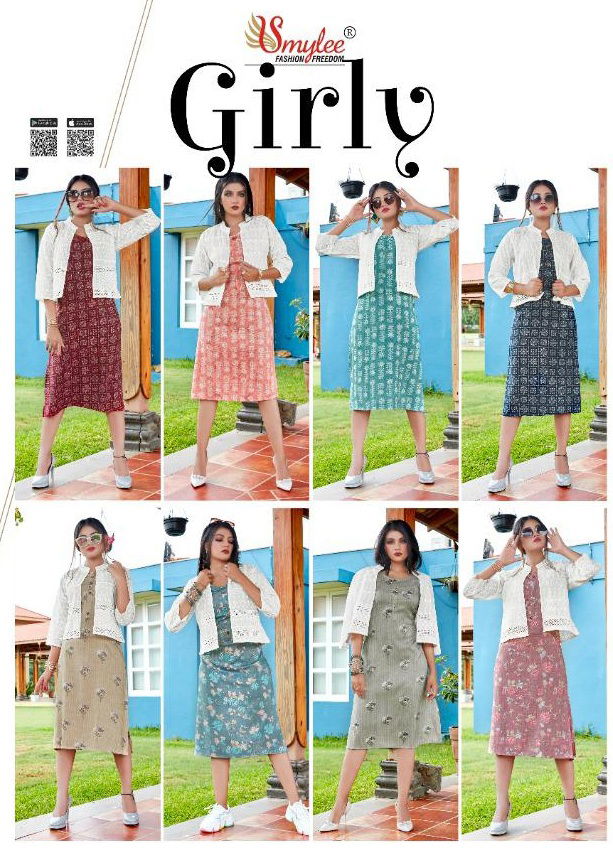 Smylee Girly Heavy Rayon Foil Printed Party Wear Kurti With Jacket Collection
